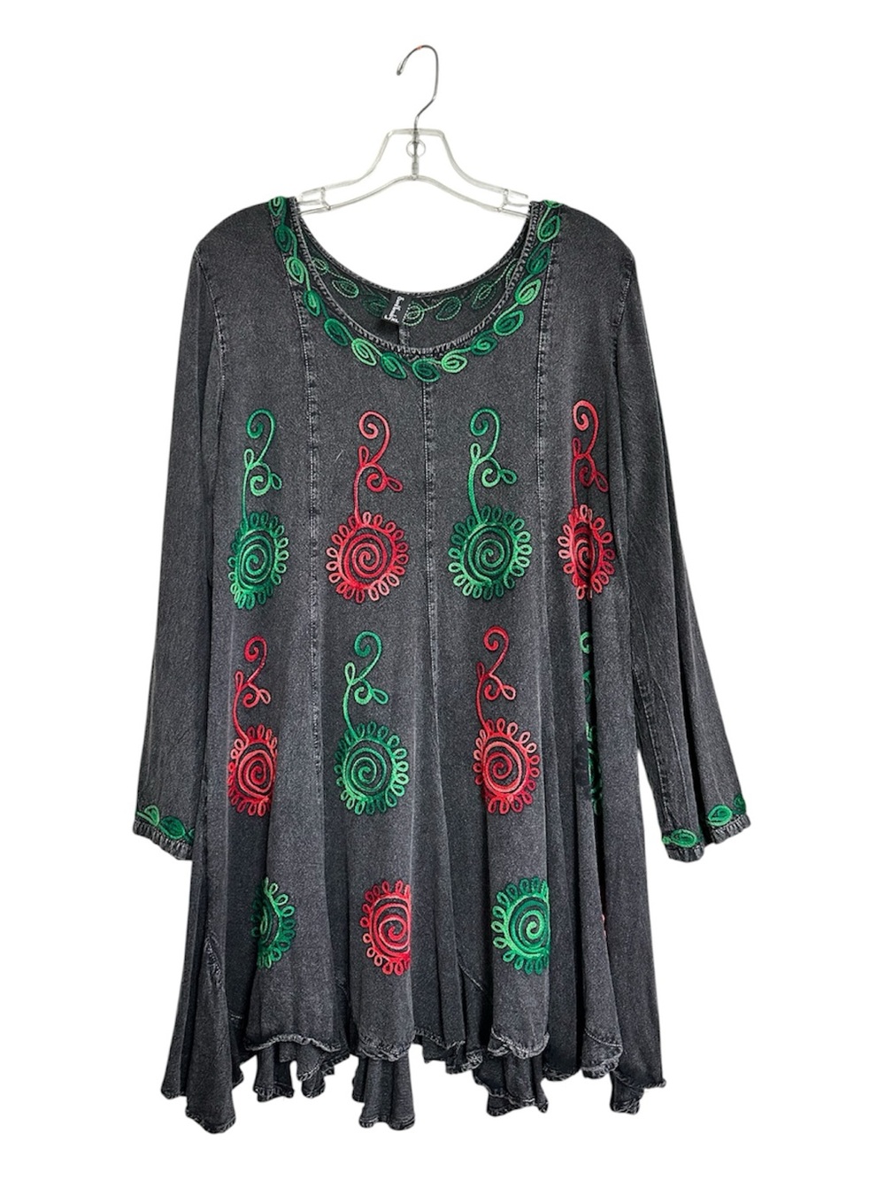 Sacred Threads Charcoal Gray Swing Tunic Dress with Red & Green Embroidery